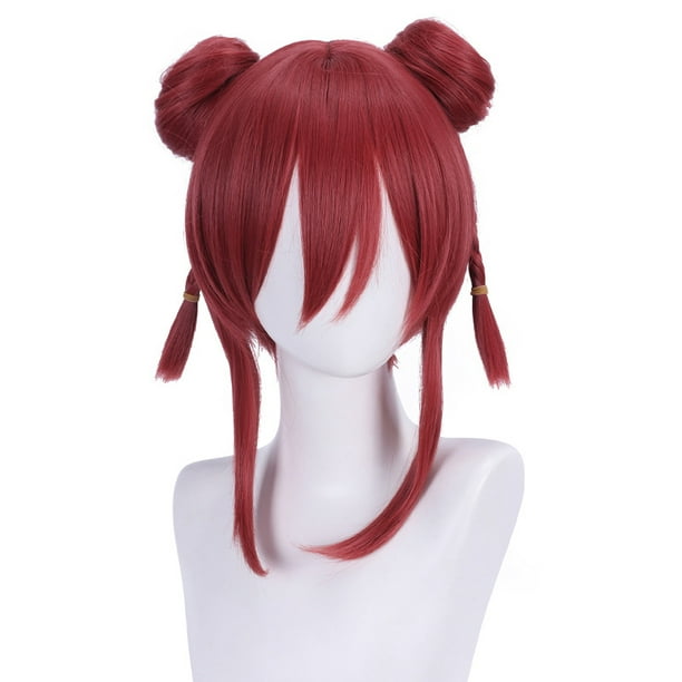 Peluca corta para cosplay de anime, moño doble rojo con flequillo recto