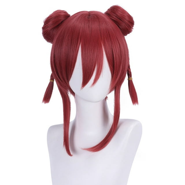 Peluca corta para cosplay de anime, moño doble rojo con flequillo recto