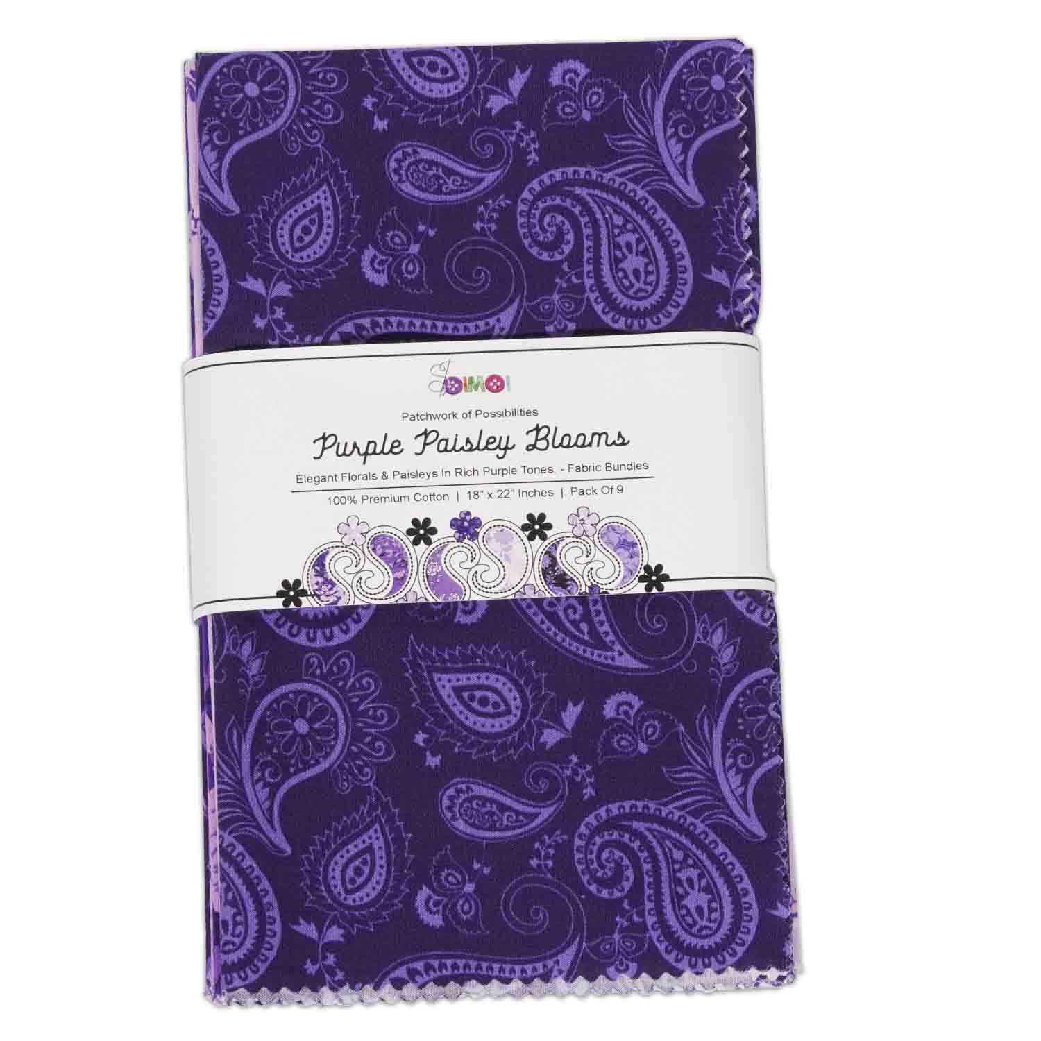 9Pcs Fat Quarter Bundle 100% Cotton Fabric for Quilting Patchwork Cushions Cotton Fabric for Patchwork, DIY Making Supplies Sewing Project, 18" x 22" - Purple Paisley Blooms