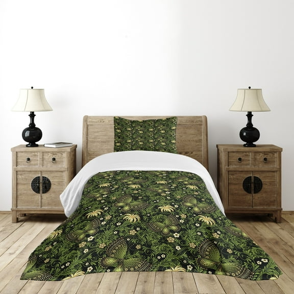 Ambesonne Sage Quilted Bedspread Set 2 Pcs, Spring Butterflies Ornate, Twin Size, Yellow Black Green