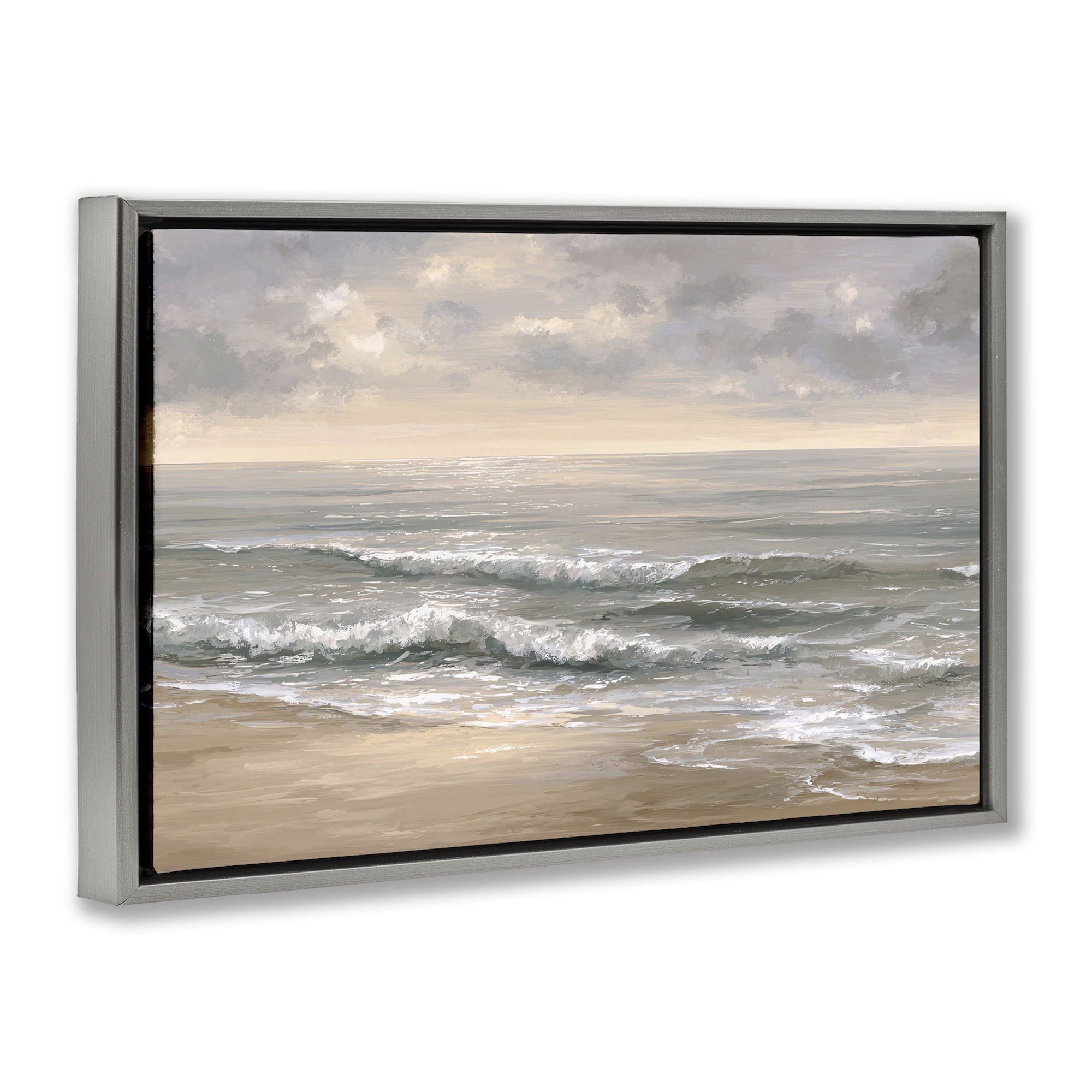 Stupell Industries Soft Rolling Beach Waves Gray Framed Floater Canvas Wall Art, design by Jacky Ngan