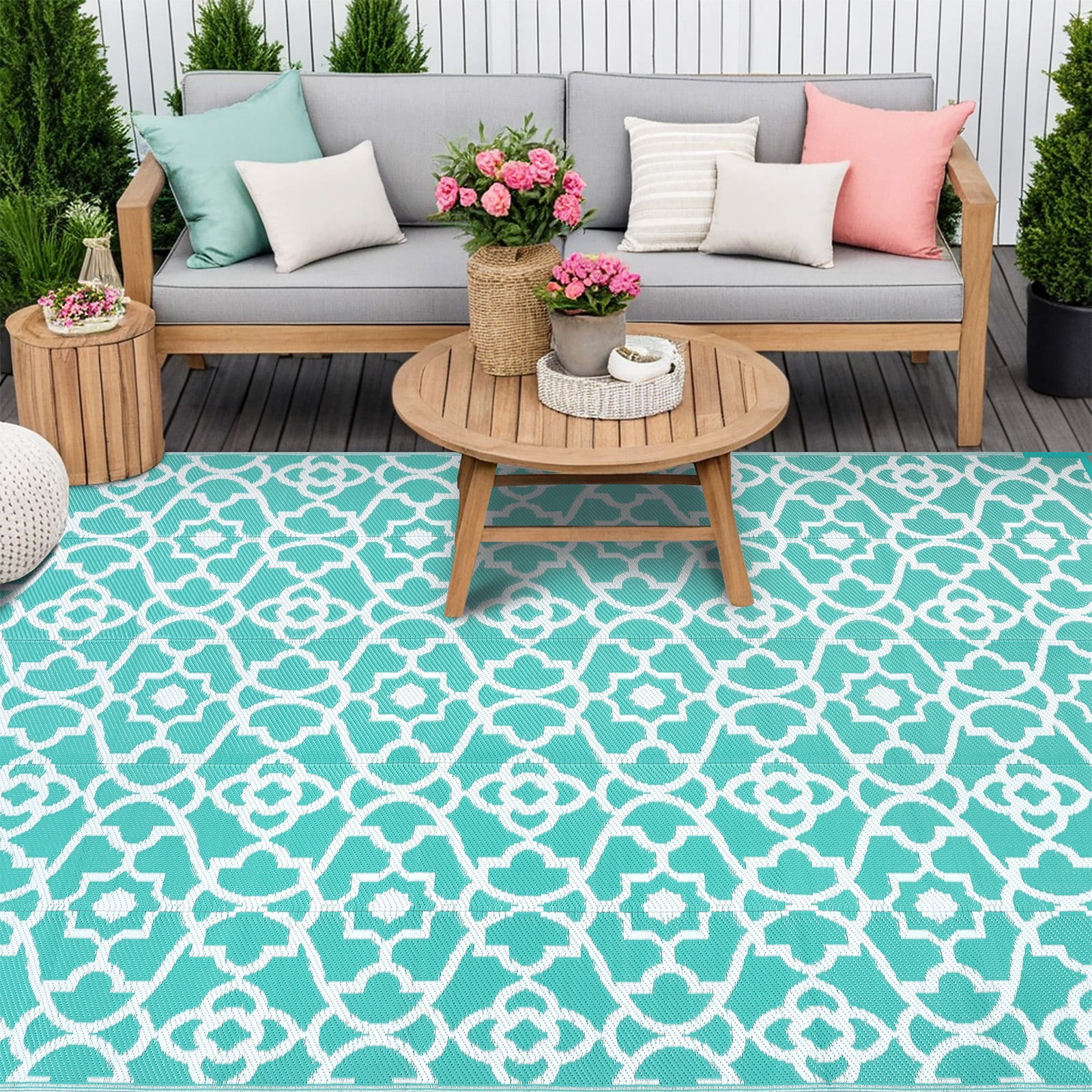 MeyJey 9'x12' Outdoor Rug, Patio Rug Waterproof RV Outdoor Rug Camping Rugs Reversible Plastic Mat for Camping, Balcony Apartment, Patio, Porch, Picnic, Beach, Aqua Blue
