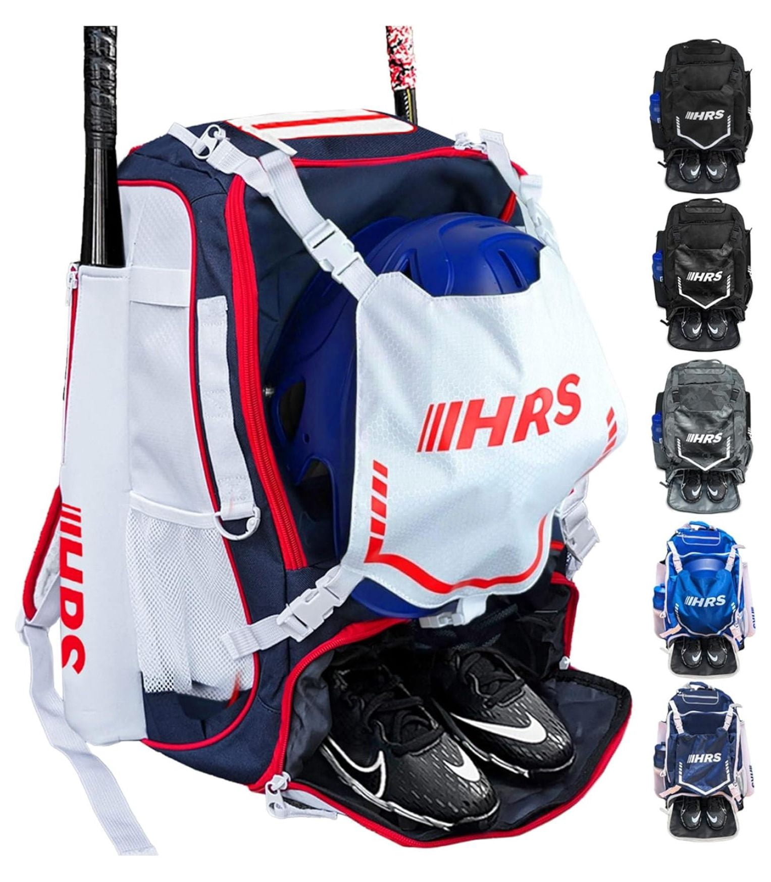 Baseball Bag, Softball Bat Bag for Youth & Adult. Holds 4 Bats, Glove, Water Bottle, Shoe Compartment, Helmet, Fence Hook for Equipment & Gear
