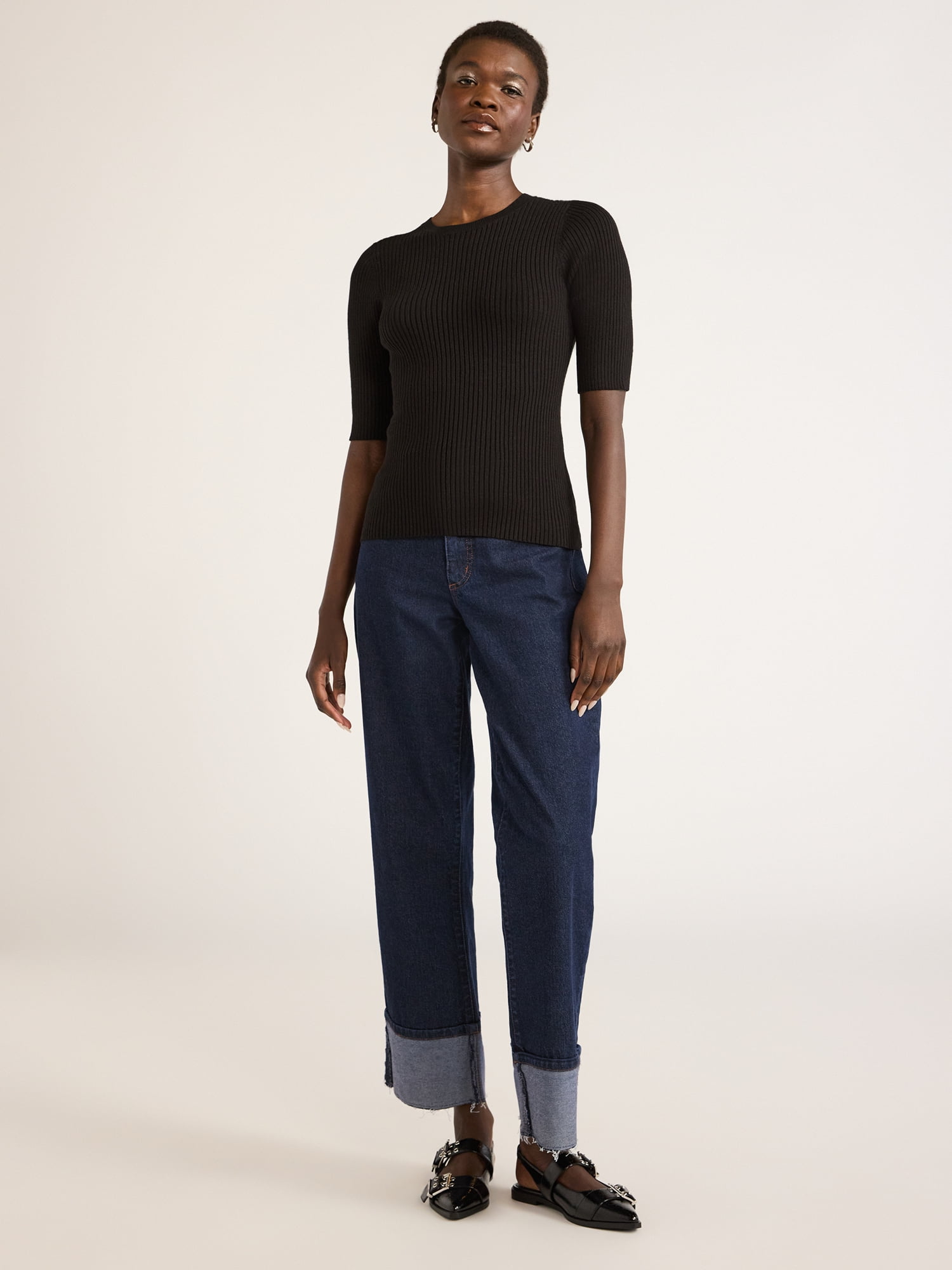 Scoop Women's and Women's Plus Rib Knit Sweater with Elbow Length Sleeves, Lightweight, Sizes XS-4X