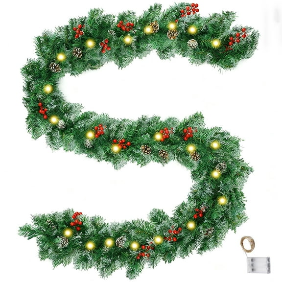 Lumikrypt 9Ft Pre-Lit Christmas Garland with Lights, Red Berries Branches and Pine cones, Suitable for Outdoor and Indoor Artificial Christmas Decorations, Fireplace and Stair Railings