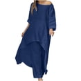 thumbnail image 2 of Summer Flowy Outfits 2 Piece Matching Sets Round Neck Long Sleeve Asymmetrical Blouse Tops with Pants Outfits for Women over 50 Trendy Navy XXL, 2 of 7