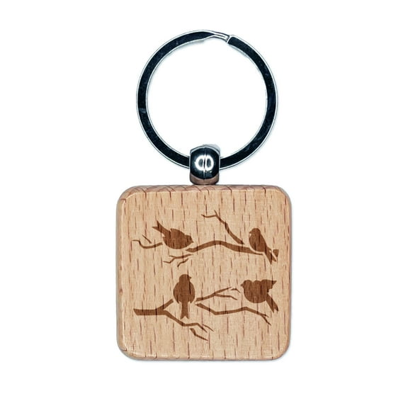 Birds Sitting on Tree Branches Square Keychain Charm Tag - Engraved Wood
