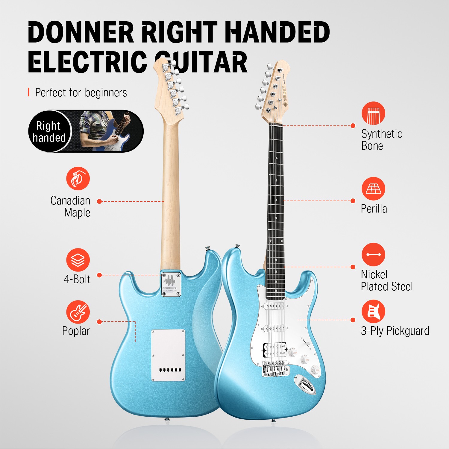 Donner DST-100R Solid Body 39 Inch Full Size Electric Guitar Kit , Beginner Starter, with Amplifier, Bag, Capo, Strap, String, Tuner, Cable, Picks - image 3 of 6
