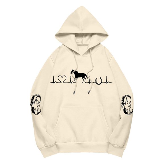 Hoodies for Women Long Sleeve Cute Horse Print Loose Sweatshirt Stylish Casual Pullover Daily Wear Beige L