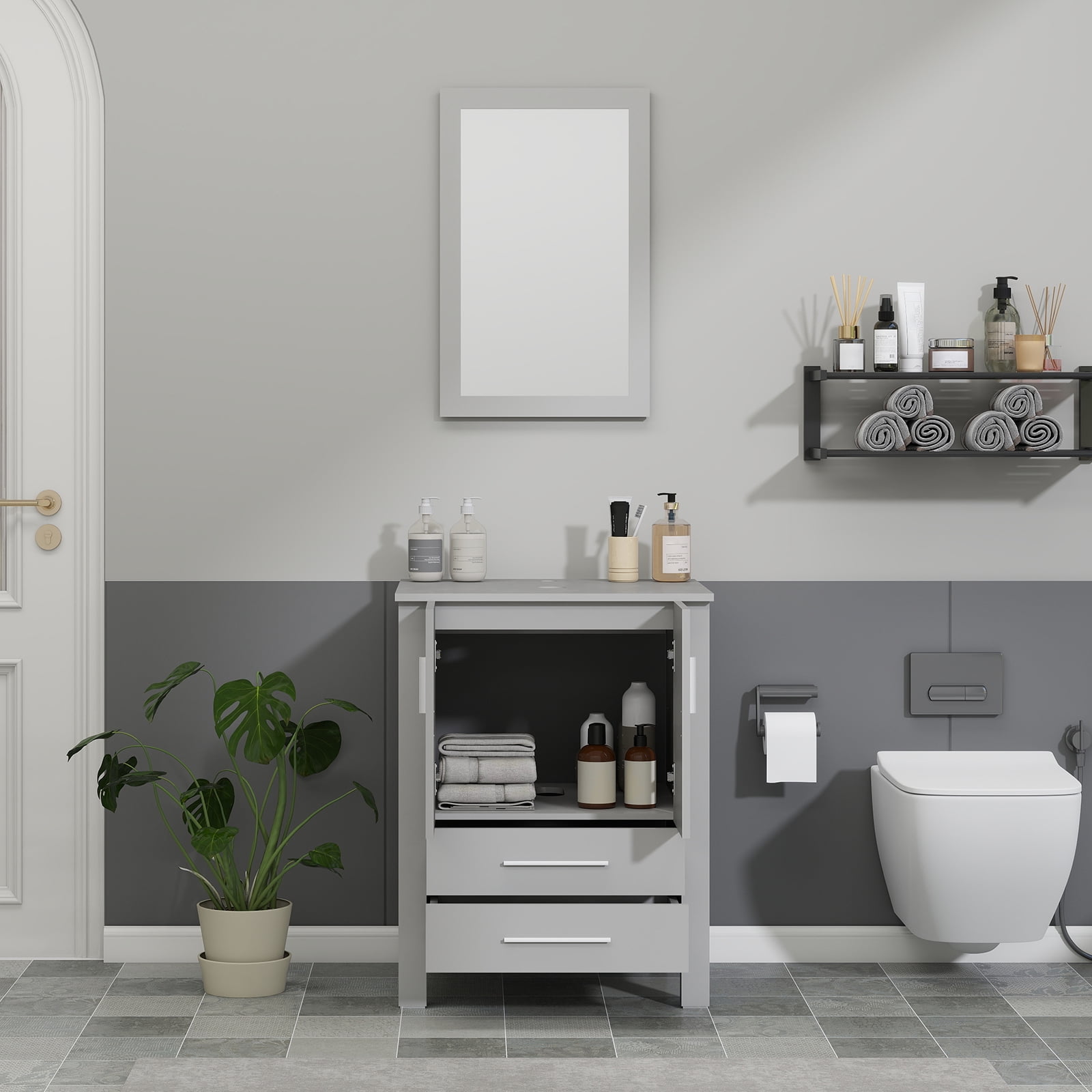ELECWISH 24-Inch Bathroom Vanity in Gray with Mirror, Modern Stand Pedestal Cabinet with Manufactured Wood Top