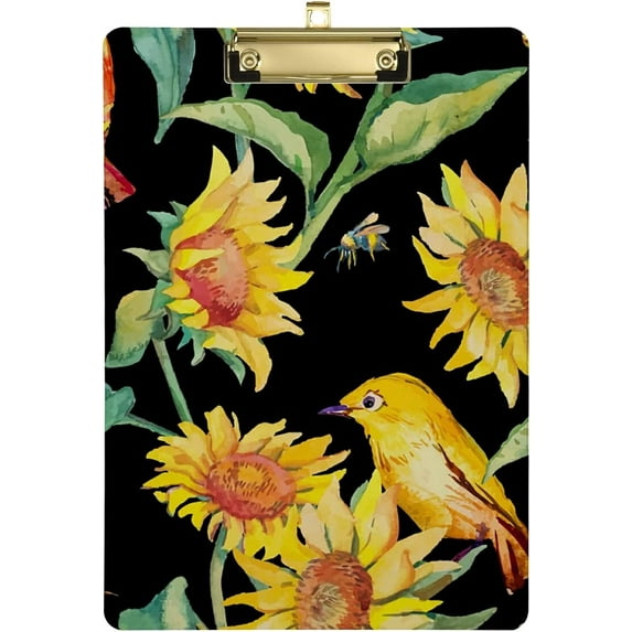 FMSHPON Watercolor Sunflower Bird Clipboard Hardboard Wood Nursing Clip Board and Pull for Standard A4 Letter 13x9 inches