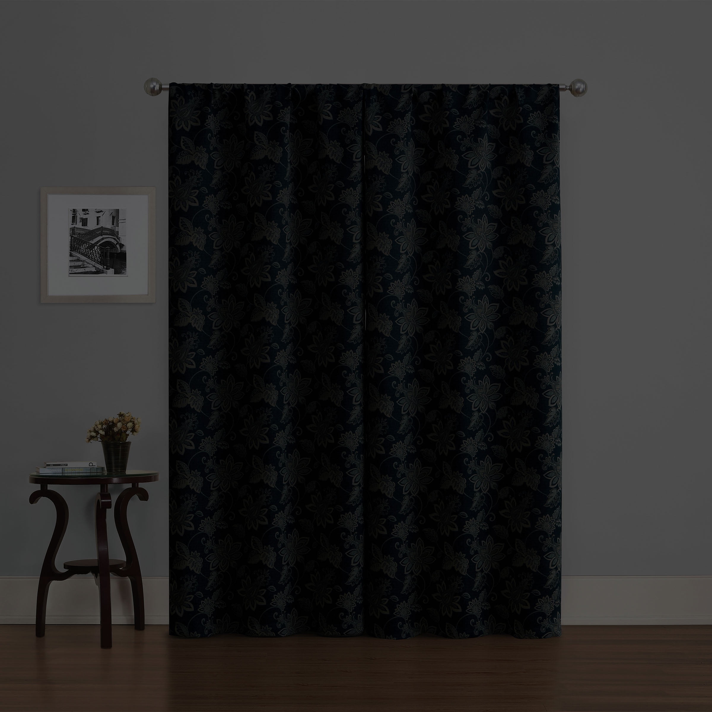 Eclipse Phoenix Solid Blackout Curtains, Set of 2, 84 Inch Long Blackout Curtains, 37"W x 84"L, Indigo Botanical