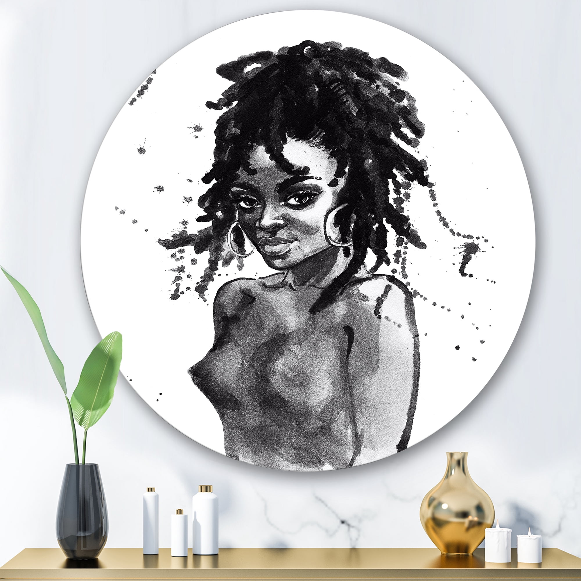 Designart 'Black and White Portrait of African American Woman V' Modern Circle Metal Wall Art 29x29 - Disc of 29