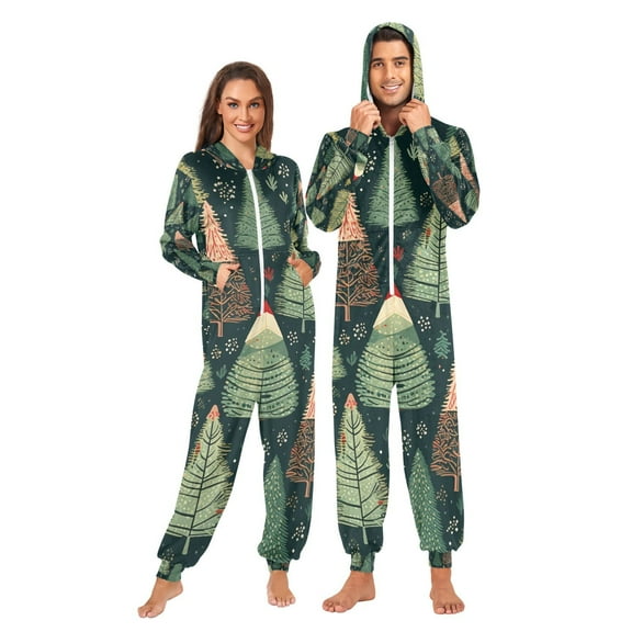 Rustic Trees Adult Onesie Pajamas Slim Fit Christmas One Piece Suit Pjs for Women and Men Hooded Zipper