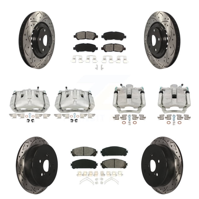 Transit Auto Front Rear Disc Brake Coated Caliper Drilled Slotted Rotor and Semi-Metallic Pad Kit (10Pc) for Car 2014 Toyota Highlander Hybrid Limited with FULL HYBRID EV-GAS (FHEV) engine KCD-100216S