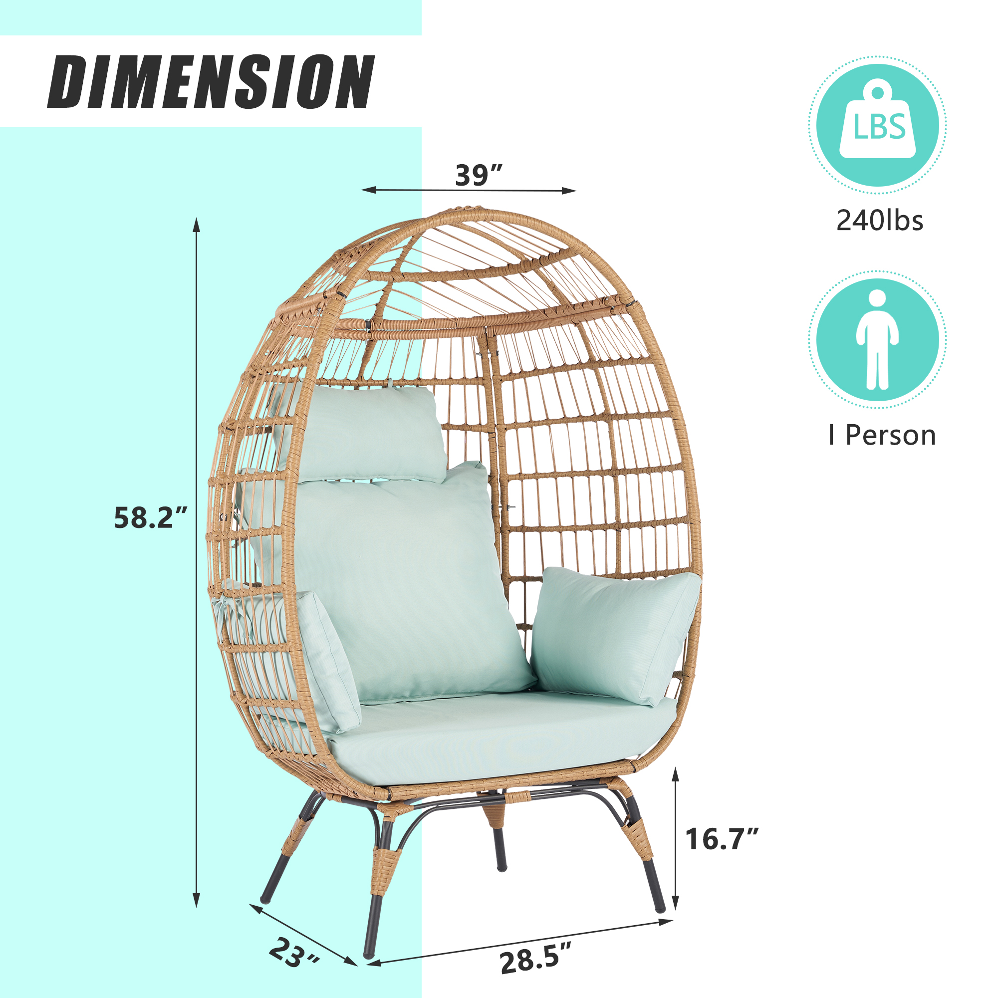Wicker Egg Chair, Oversized Indoor Outdoor Boho Lounger Chair Stationary Egg Basket Chair, All-Weather 440lb Capacity Patio Chair, Blue - image 4 of 9
