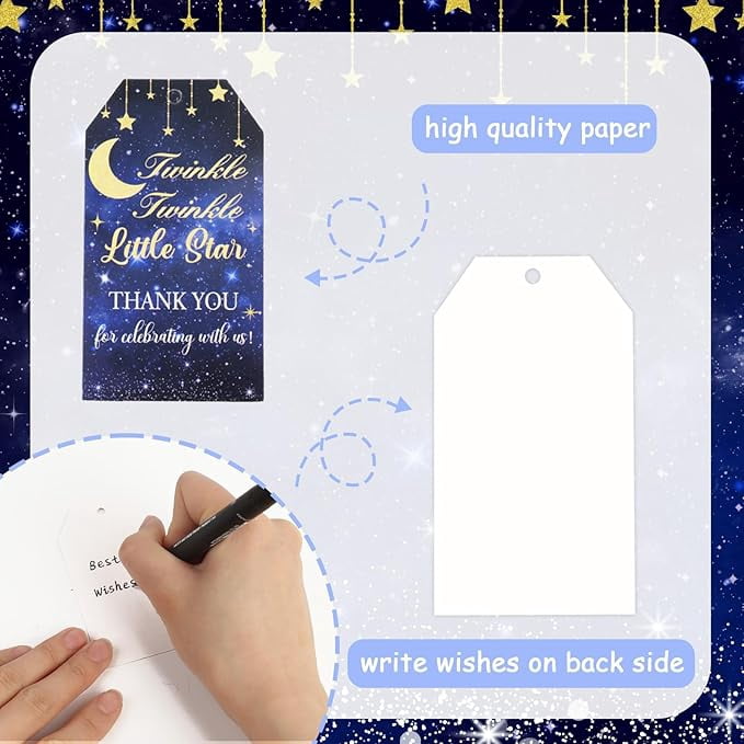 Serencatcher Twinkle Twinkle Little Star Party Favors, 72pcs Over The Moon Baby Shower Decorations Navy Blue Moon Star Keychains Thank You Tags Organza Bags for He or She Gender Reveal Party