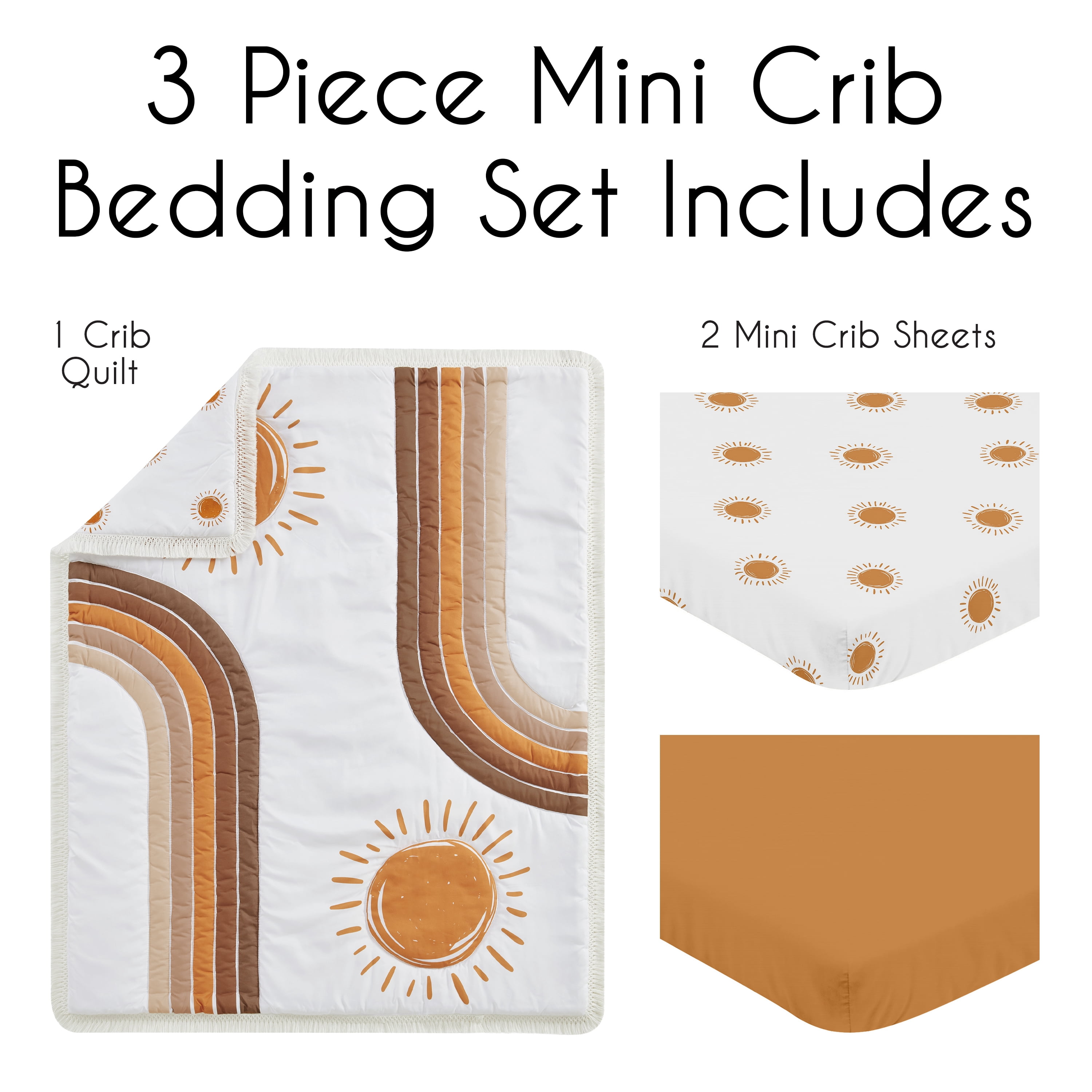 Sweet Jojo Designs Boho Sun Orange Beige and Tan 3 Piece Mini Crib Bedding Set