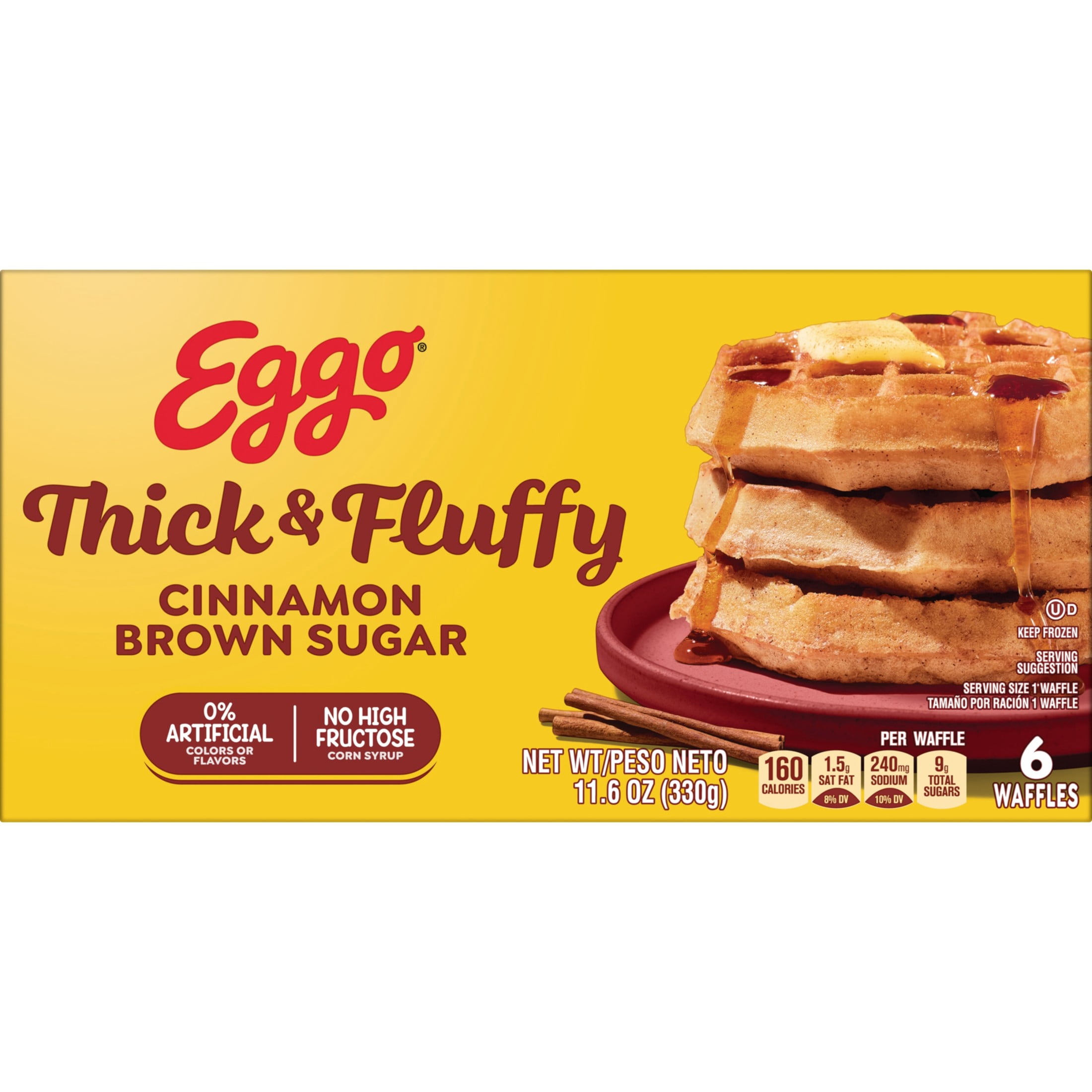 Eggo Thick and Fluffy Cinnamon Brown Sugar Waffles, Breakfast Food, 11.6 oz, 6 Count (Frozen)