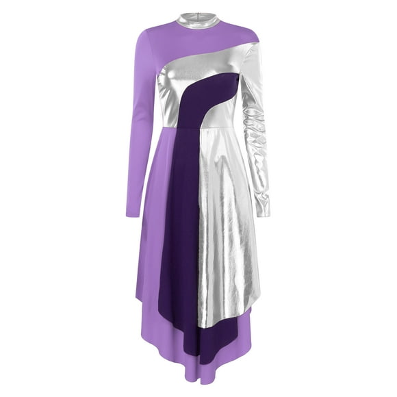 zdhoor Liturgical Dancewear for Women Long Sleeve Contemporary Dance Costumes Asymmetrical Praise Dance Dresses F1199Purple 3XL