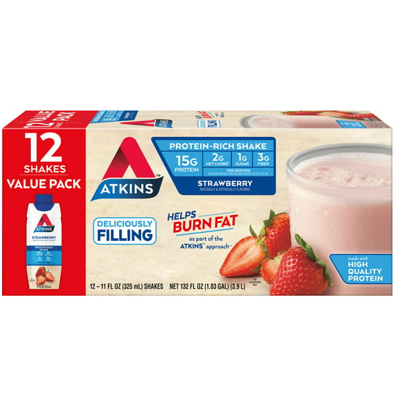 Atkins Protein Shake, Strawberry, Keto Friendly, 15g of Protein, 12 Ct (Ready to Drink)