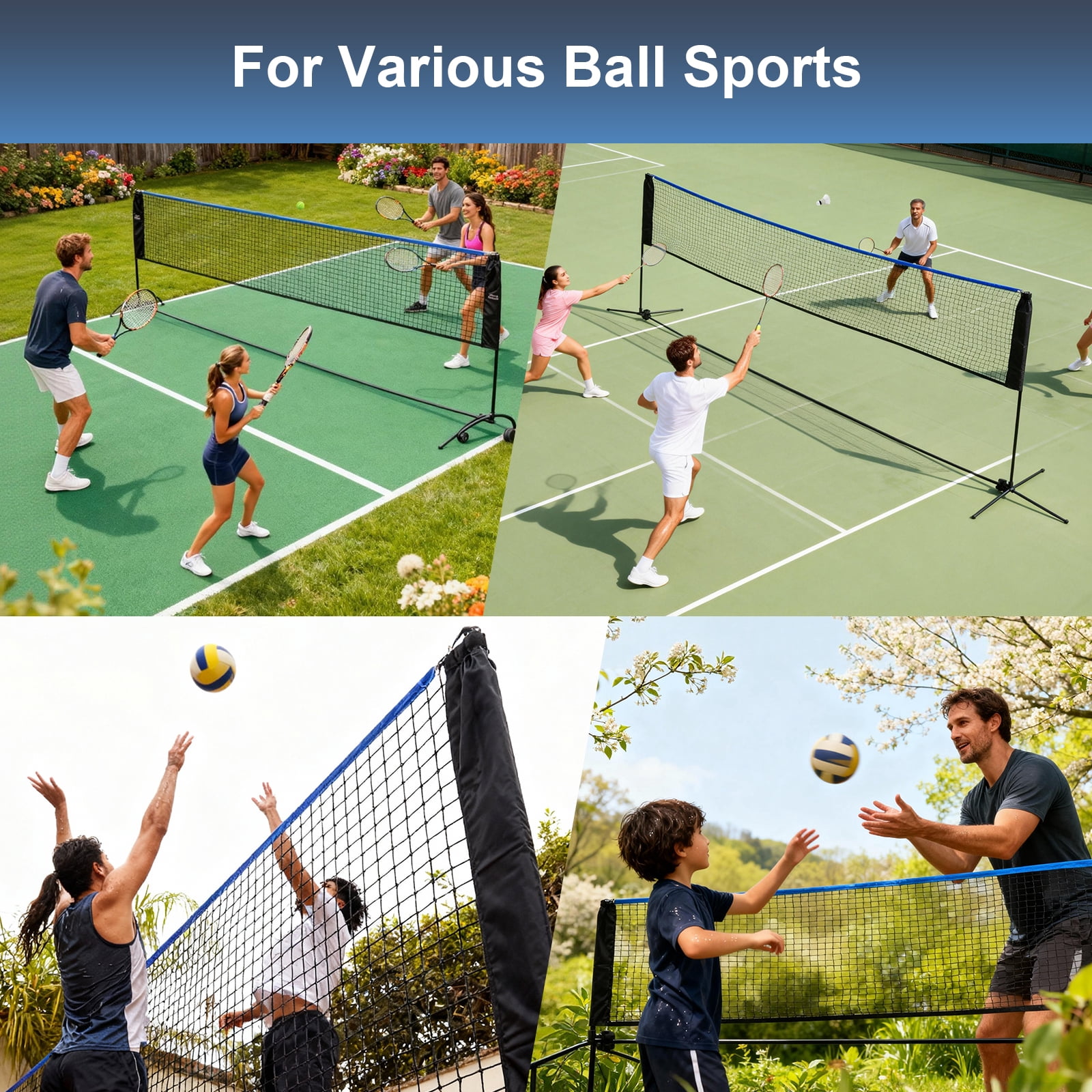 SHOUFTW Nylon Height Adjustable Badminton Net with Carry Bag, Volleyball Net for Pool, Backyard Game Indoor Outdoor Use, Blue-black