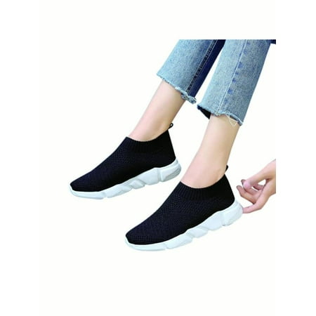 Ladies Womens Comfy Fitness Flat Knitted Sock Sports Running Trainers (Best Workout Shoes For Flat Feet)