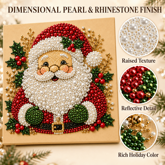 DIY Christmas Pearl Diamond Painting Art Kit, 5 Classic Character Designs with Santa, Teddy Bear, Gingerbread Man, Reindeer and Snowman for Nostalgic Holiday Decor