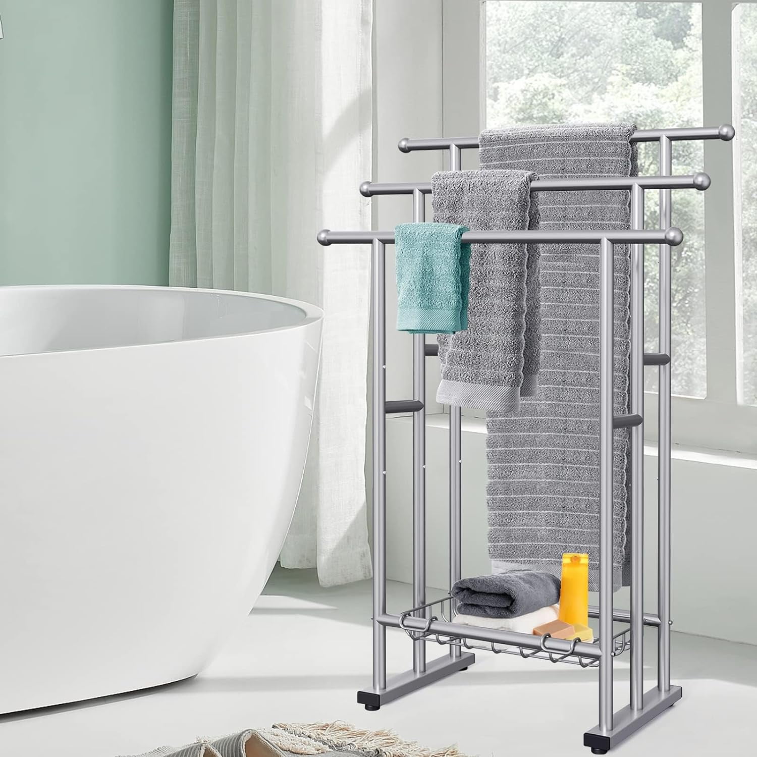 40 Tall Freestanding Towel Racks for Bathroom 3 Tier Floor Towel Rack with Storage Basket Silver