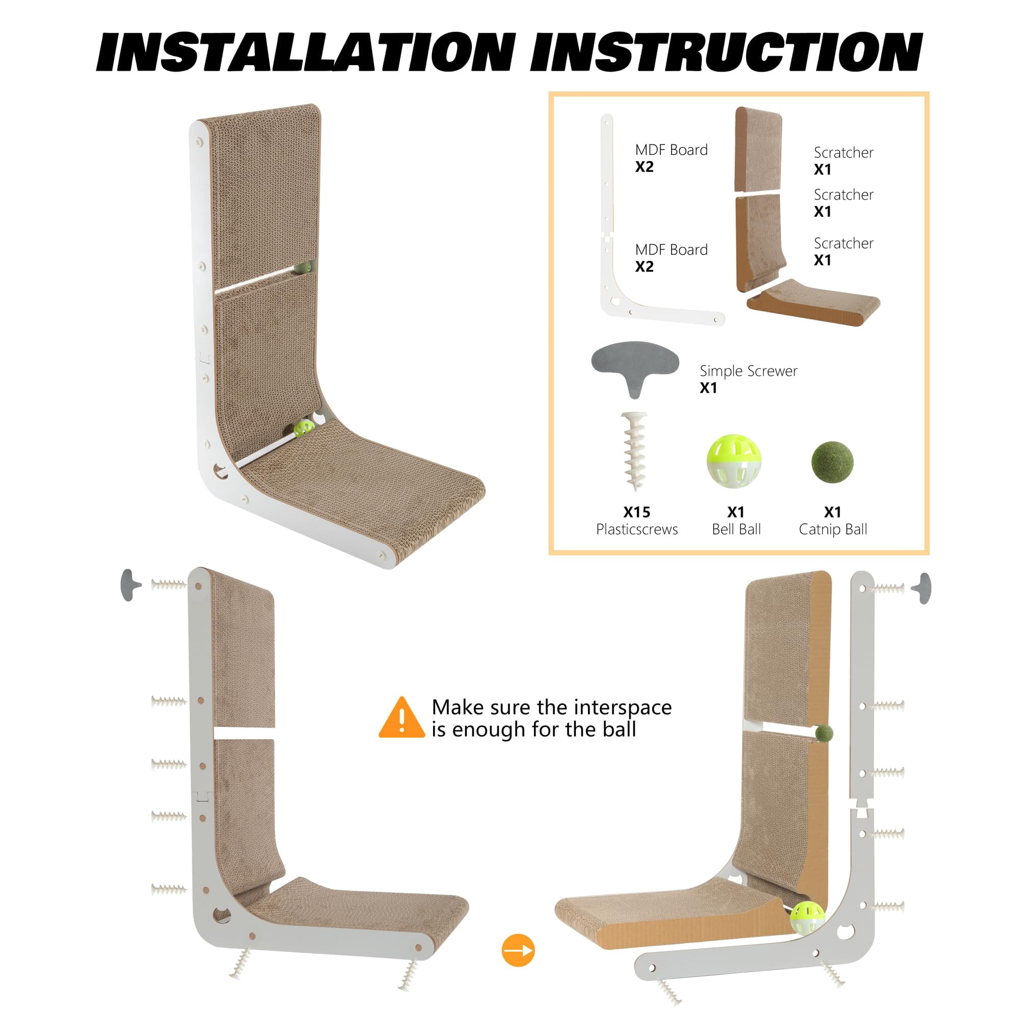 Cardboard Cat Scratcher, L-Shaped Vertical Scratching Board for Indoor Cats, Wall-Mount Cat Scratch Pad with Built-in Catnip Toy Balls, Durable, Brown