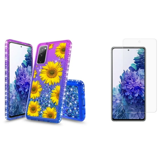 Bemz Liquid Quicksand Case for Samsung Galaxy S20 FE (with 2 Pack of Tempered Glass Screen Protectors and Touch Tool) - Sunflowers (Purple/Blue)