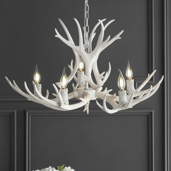 JONATHAN Y Eldora 30" Adjustable Resin Antler 5-Light LED Chandelier, White, JYL6300B