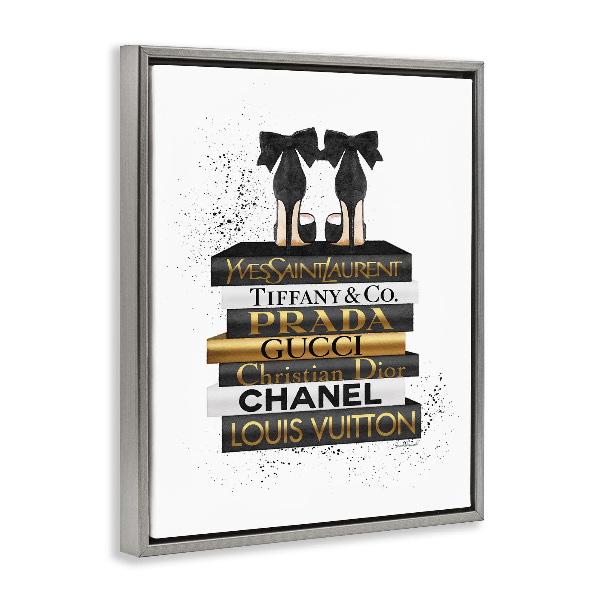 Stupell Industries Black Gold White Glam Bookstack Beauty & Fashion Painting Gray Floater Framed Canvas Art Print Wall Art, 17 x 21