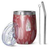 12oz Stemless Wine Tumblers Red Christmas Village Pattern Vacuum Insulated Stainless Steel Travel Tumbler Cups Mug with Lid and Straw for Champaign,Cocktail,Beer with Cleaning Brush