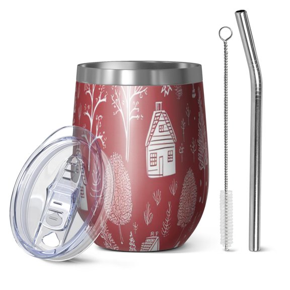 12oz Stemless Wine Tumblers Red Christmas Village Pattern Vacuum Insulated Stainless Steel Travel Tumbler Cups Mug with Lid and Straw for Champaign,Cocktail,Beer with Cleaning Brush