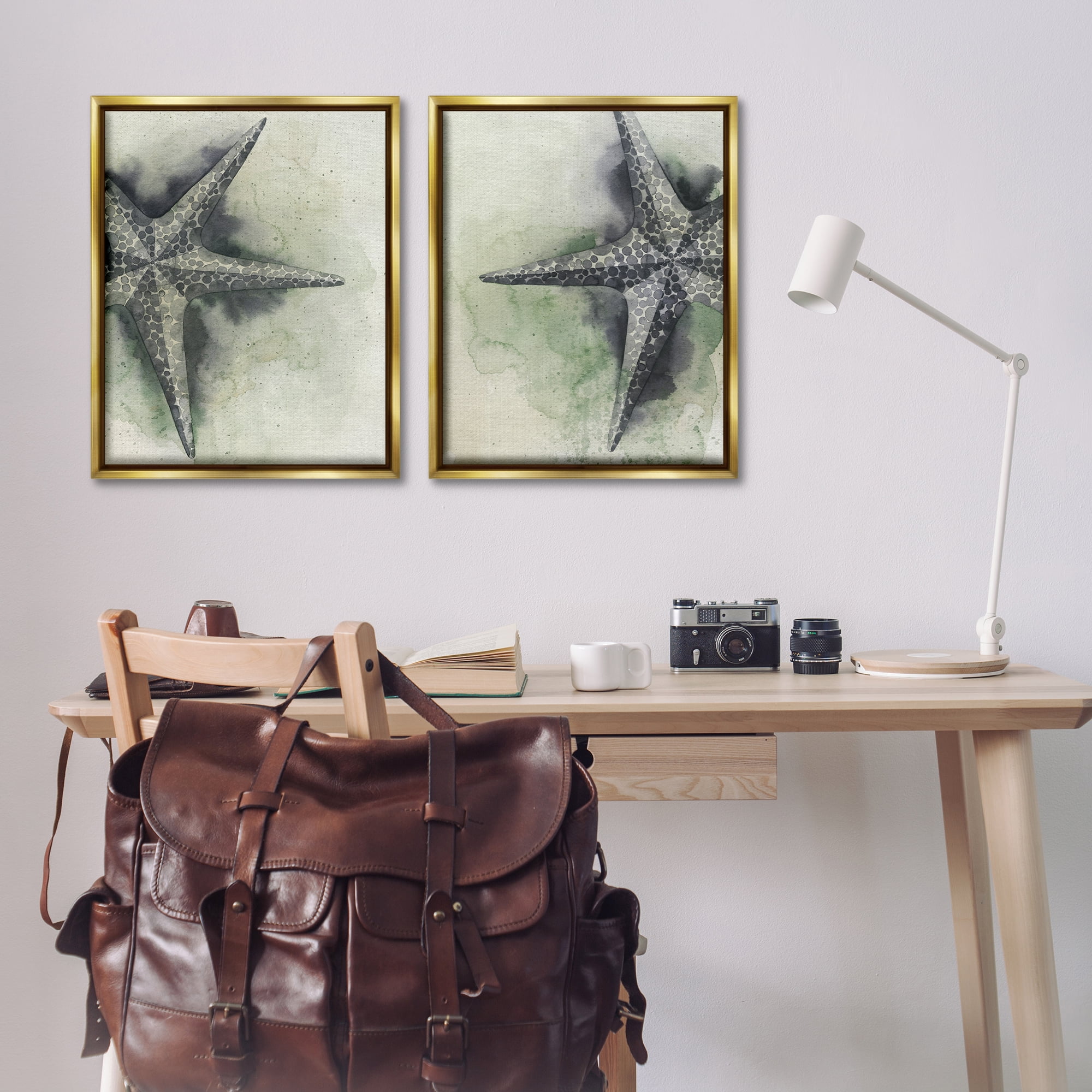Stupell Industries Detailed Starfish Sand Beach Nautical & Beach Painting Gold Floater Framed Canvas Art Print Wall Art, 31 x 25, Set of 2