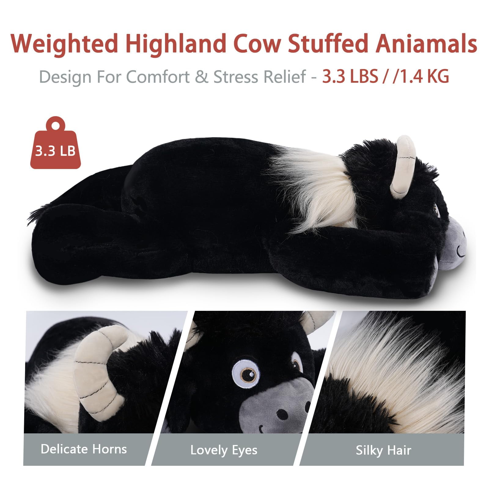 Niuniu Daddy Weighted Highland Cow Stuffed Animals- 20" Giant Weighted Plush Pillow , 3.3-Pound Large Plushie Body Pillow with Soft Faux Fur, Gift for Kids & Adults, Holiday Gifts