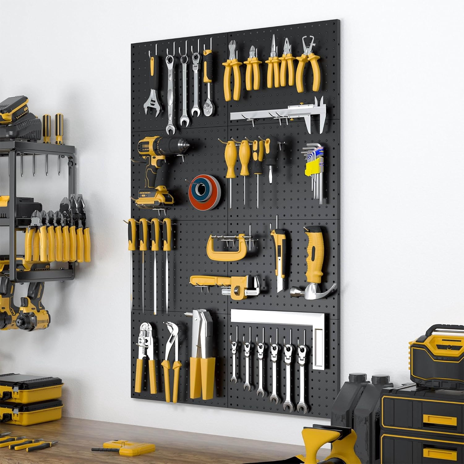 Peg Board, 8 Pack Metal Pegboard Panels with 50 Hooks, Black Pegboards Wall Organizer, Heavy Duty Peg Board for Walls Home, Garage Tool Storage, Office Organization, Craft Room, Kitchen