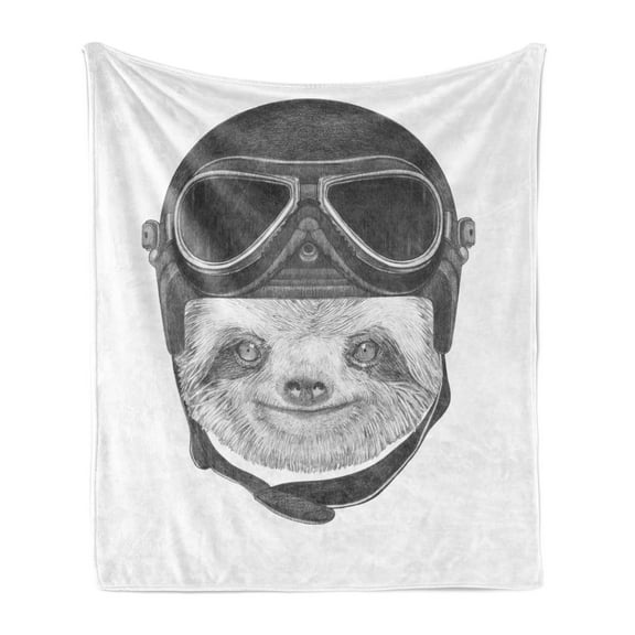 Sloth Soft Flannel Fleece Throw Blanket, Hand Drawn Portrait of a Animal Vintage Effect Biker Rider in Urban Life Print, Cozy Plush for Indoor and Outdoor Use, 60" x 80", Grey Black, by Ambesonne