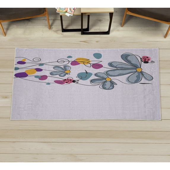 Spring Decorative Rug, Flowers Oval Dome-Shaped Ladybugs Illustration Never Ending Love Story Luck, Quality Carpet for Bedroom Dorm and Living Room, 6 Sizes, Pale Purple, by Ambesonne
