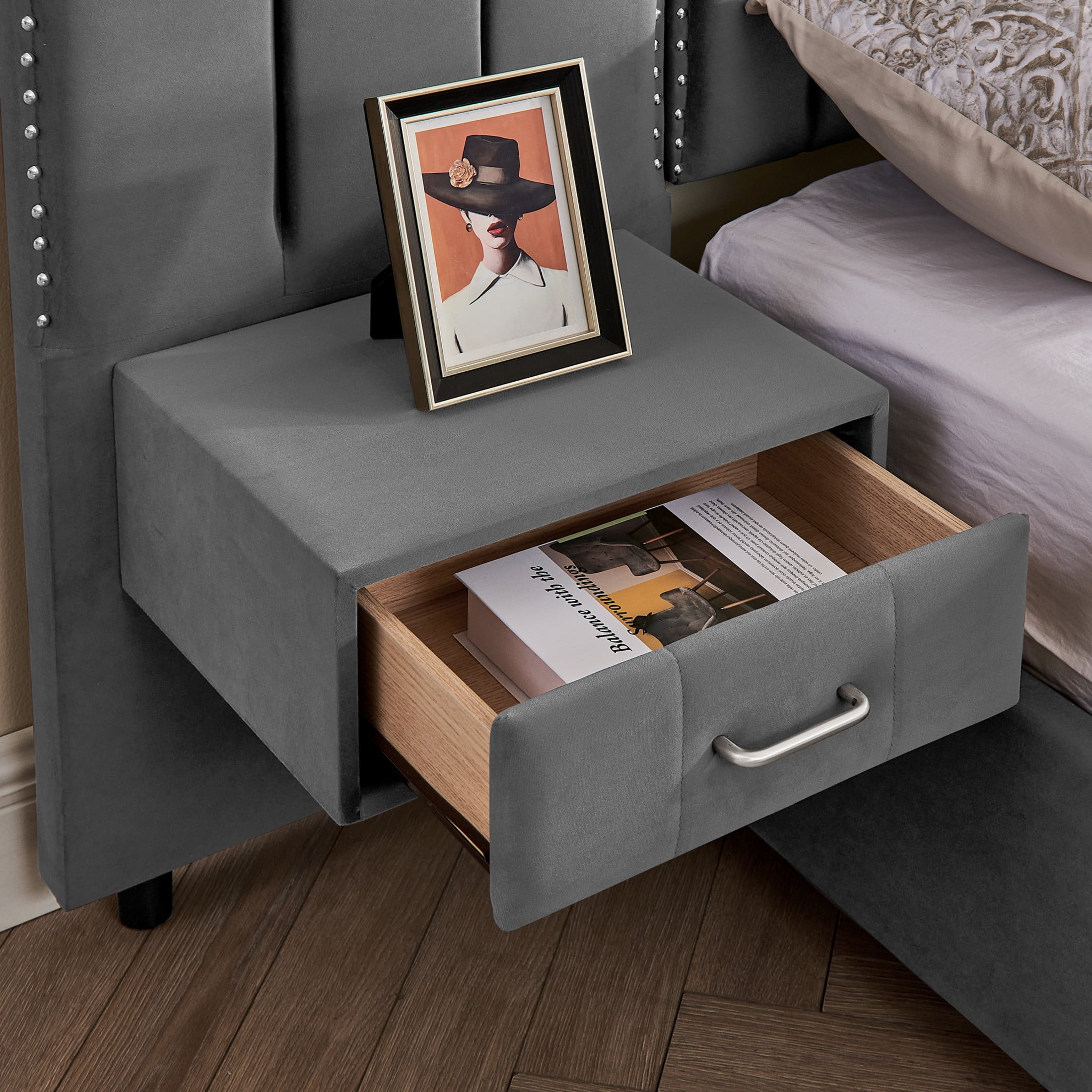 Noble House Neville 118" King Size Upholstered Bed Frame, Velvet Vertical Stripe Platform Bed with Lights, Gray