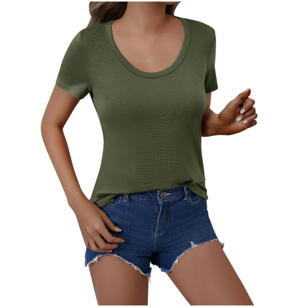 Camisetas Casuales de Mujer Nueva Camiseta de Manga Corta de Cuello U de Color Sólido de Verano, Poliéster