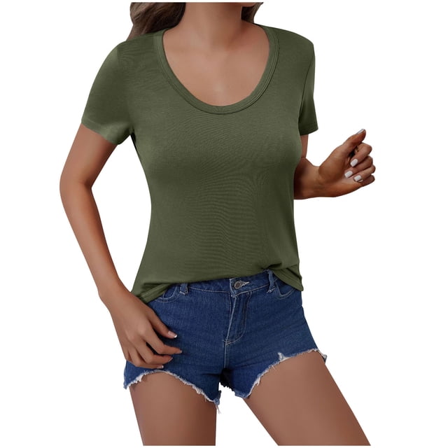 Dealovy Hauts de Sortie pour Femmes Manches Courtes Col Rond T-Shirts Couleur Unie Coupe Ajustée Courts T-Shirts Basiques