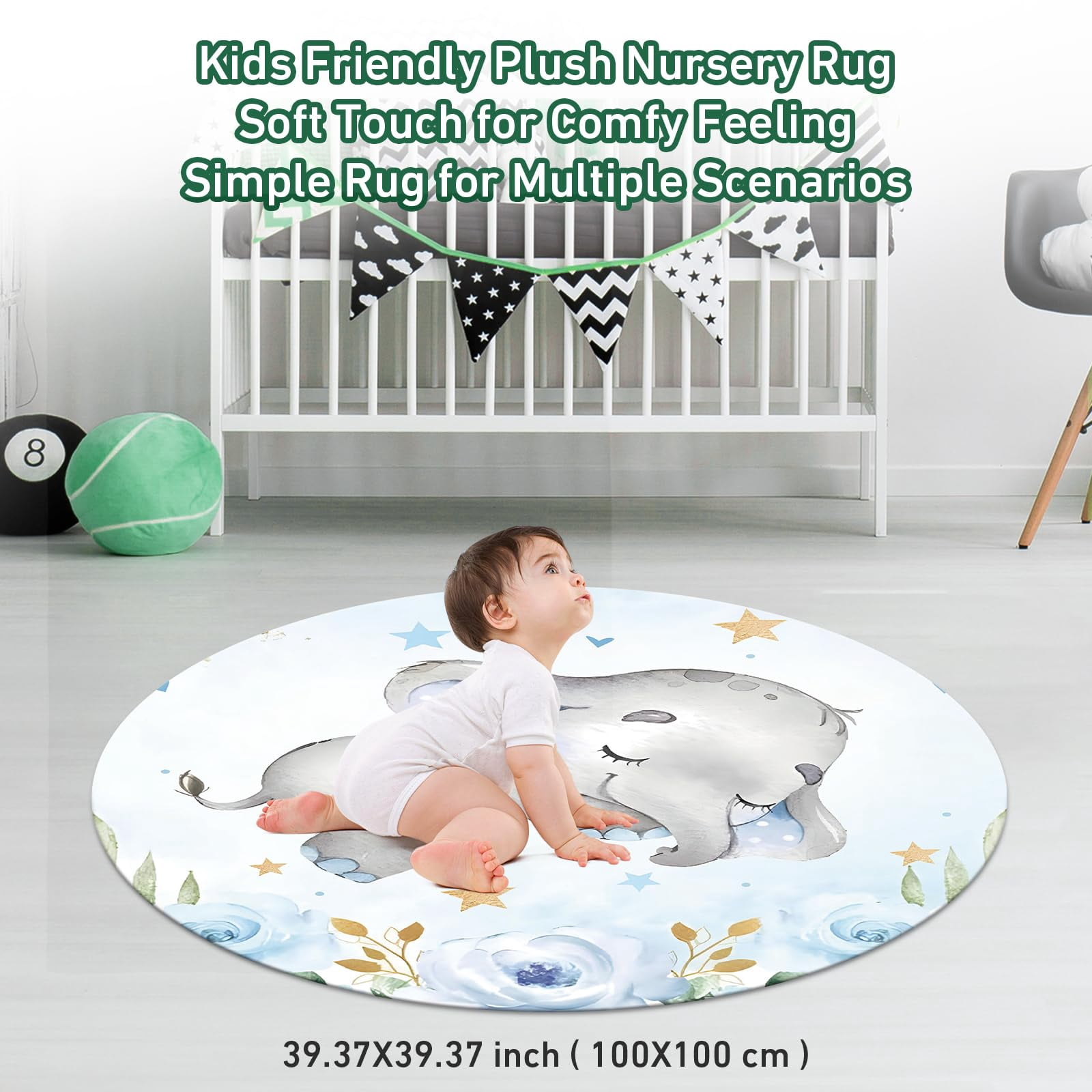 Gresahom Baby Crib Bedding Set - Blue Elephant Nursery Bed 3 Pcs Set - Chic Soft Blanket with Double Layer Dotted Backing, Fitted Sheet, Room Rug for Newborns Boys Girls Shower Gift(60"x80")