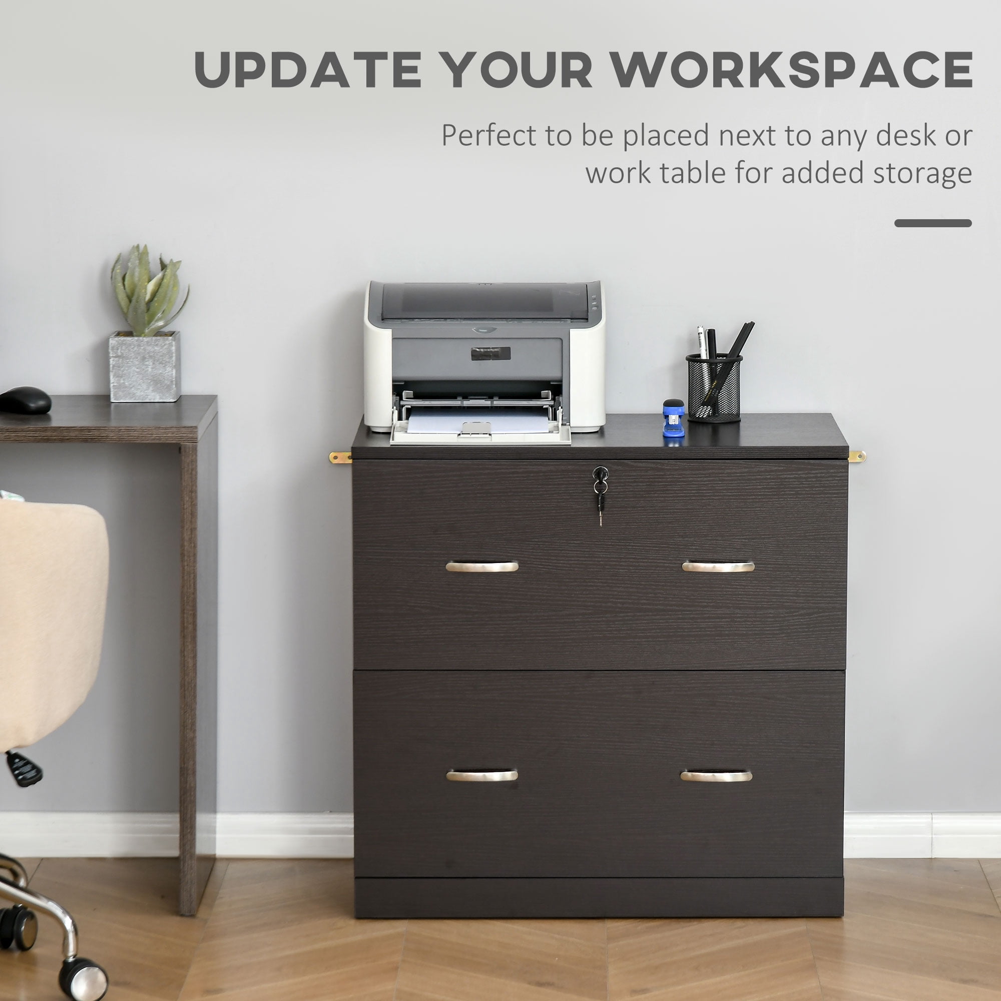 Vinsetto 2-Drawer File Cabinet with Lock and Keys, Lateral Storage Filing Cabinet with Hanging Bar for Letter Size, Home Office, Espresso