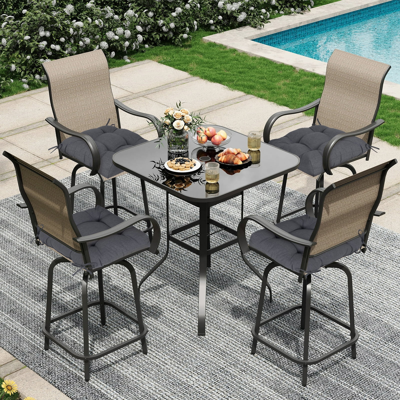 Aoodor 19x19x5 Inch Tufted Outdoor Chair Cushions, Water and Fade Resistant Polyester Dining Chair Pads with Ties for Patio Furniture, Set of 4, Dark Gray
