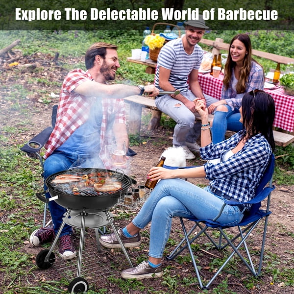 28" Portable Charcoal Grill with Wheels & Storage Rack - Porcelain-Enameled Kettle Grill with Ash Catcher & Thermometer for Camping, Parties & Picnics