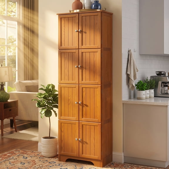 KavlSean 72" Farmhouse Kitchen Pantry Cabinet with 4 Doors, Freestanding Bathroom Cabinet with 4 Shelves, Wood Storage Cabinet for Living Room, Bedroom, Kitchen