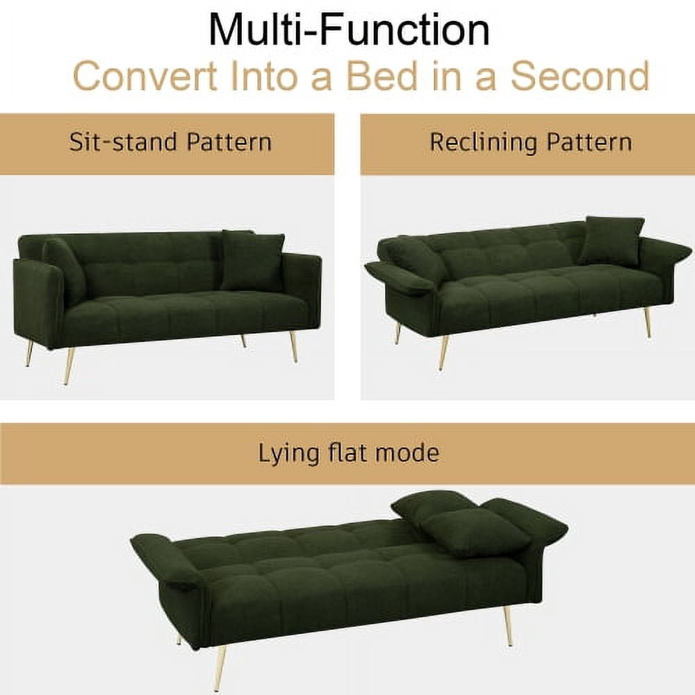 BSHTI 70.1 inch Futon Sofa Couch, Modern Convertible Double Sofa Bed with Folding Armrests for livingroom,Green