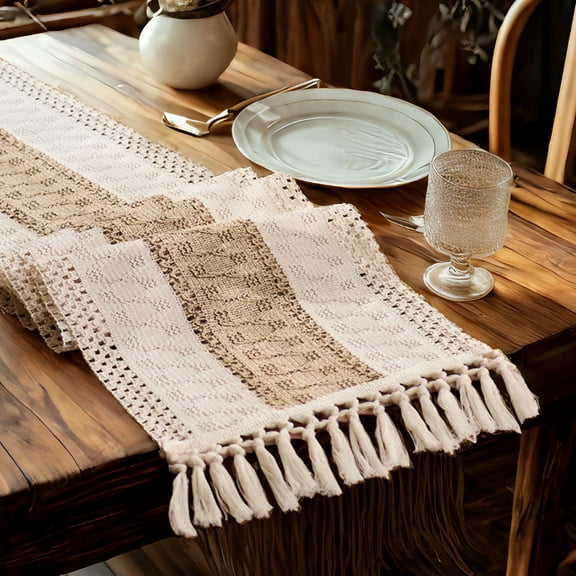 TickJOY Boho Table Runner – Farmhouse Decor Macrame Runner Table Cloth with Tassels for Home Decor, Kitchen Decor, Living Room Decor, Centerpiece Table Decorations(Coffee/Beige, 12x108 Inches)